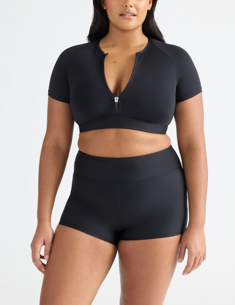 Knix Short Sleeve Zip Cropped Swimsuits Black | HURIQB-627