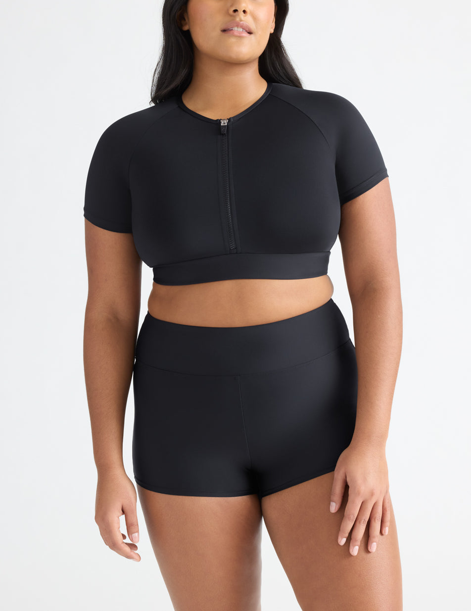 Knix Short Sleeve Zip Cropped Swimsuits Black | HURIQB-627