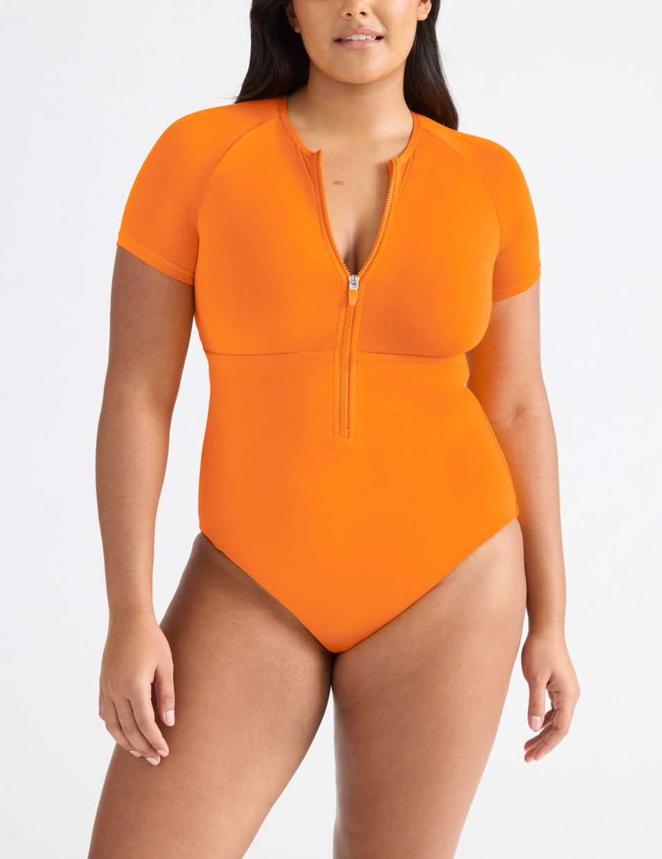 Knix Short Sleeve Zip One Piece Swimsuits Orange | MPESBF-251